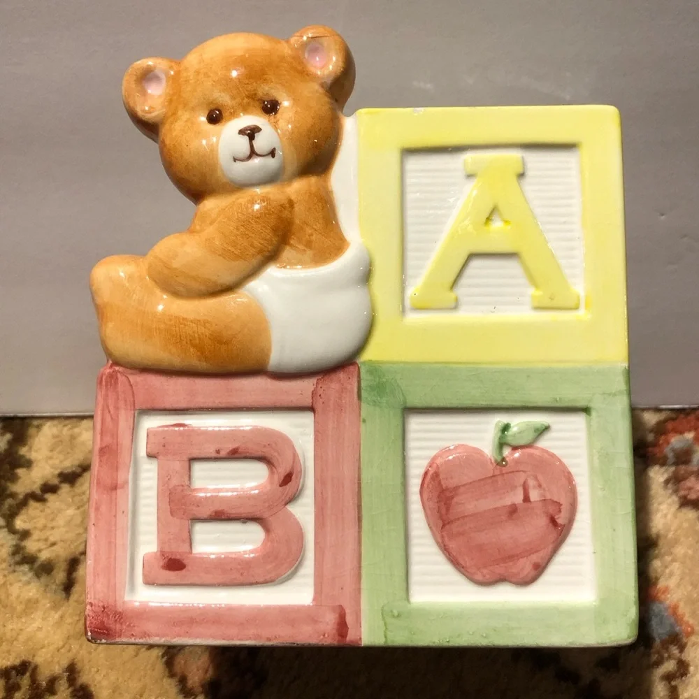 11029 VINTAGE Ceramic Planter Nursery ABC Baby Bear Blocks Inarco Japan